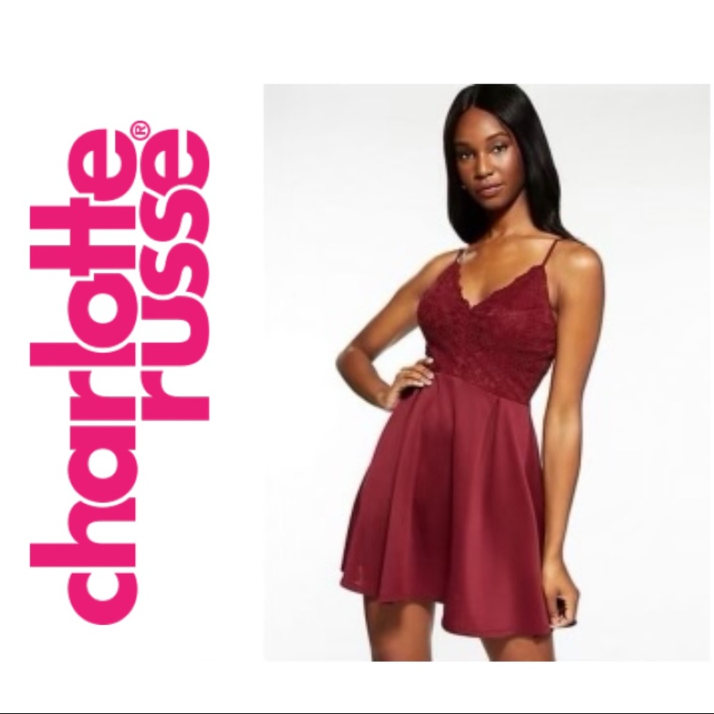 Wine Red Lace Bodice Skater Dress